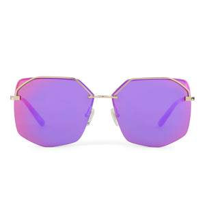 diff eyewear bree square sunglasses with a gold metal frame and pink rush mirror lenses front view