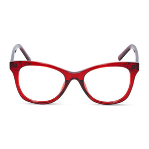 diff eyewear carina cat eye glasses with a carmine red acetate frame and prescription lenses front view