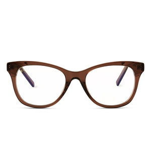 diff eyewear carina cateye glasses with a deep amber frame and prescription lenses front view