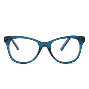 diff eyewear carina cateye glasses with a deep aqua frame and prescription lenses front view