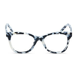 diff eyewear carina cat eye glasses with a rich hide black and white acetate frame and prescription lenses front view