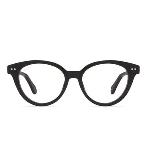 diff eyewear carly round glasses with a black acetate frame and prescription lenses front view