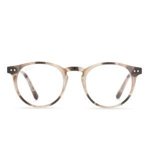 diff eyewear chase round glasses with a cream tortoise frame and blue light technology lenses front view