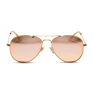 diff eyewear cruz aviator sunglasses with a gold metal frame and peach mirror lenses front view