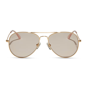 diff eyewear cruz aviator sunglasses with a gold metal frame and rose tea pink lenses front view