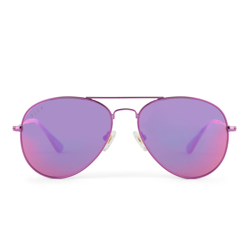 diff eyewear cruz aviator sunglasses with a pink rush metallic frame and pink rush mirror lenses front view