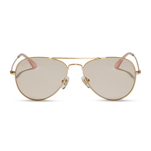 diff eyewear cruz xs aviator sunglasses with a gold metal frame and rose tea pink lenses front view