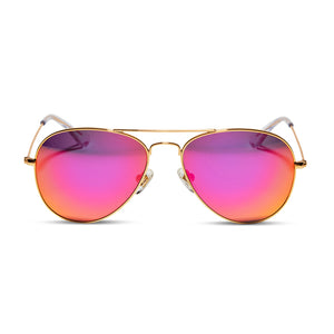 diff eyewear cruz xs aviator sunglasses with a gold metal frame and sunset mirror lenses front view