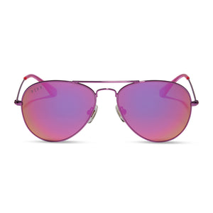 diff eyewear cruz xs aviator sunglasses with a pink rush metallic frame and pink rush mirror lenses front view