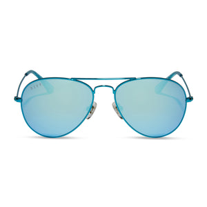diff eyewear cruz xs aviator sunglasses with a turquoise metallic frame and teal mirror lenses front view