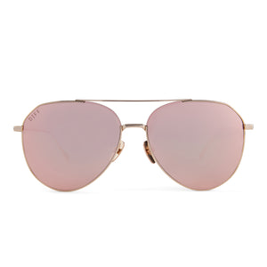 diff eyewear dash aviator sunglasses with a gold metal frame and peach mirror lenses front view