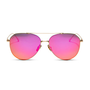 diff eyewear dash aviator sunglasses with a gold metal frame and sunset mirror polarized lenses front view
