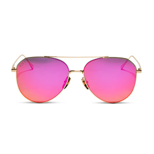 diff eyewear dash xs aviator sunglasses with a gold metal frame and sunset mirror polarized lenses front view
