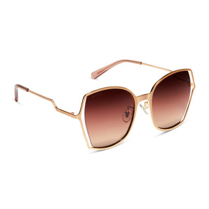 diff eyewear donna iii square sunglasses with a brushed gold metal frame and taupe rose gradient lenses angled view