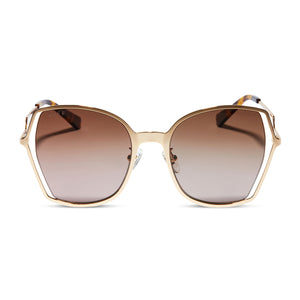 diff eyewear donna iii square sunglasses with a gold metal frame and brown gradient polarized lenses front view