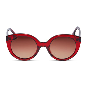 diff eyewear emmy cat eye sunglasses with a carmine red acetate frame and brown gradient lenses front view