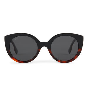 diff eyewaer emmy cat eye sunglasses with a dark tortoise red accents acetate frame and grey lenses front view