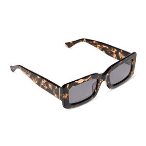 diff eyewear indy rectangular sunglasses with a espresso tortoise acetate frame and grey lenses detailed view