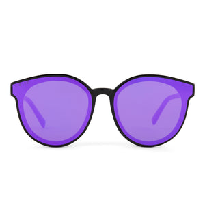 diff eyewear gemma round sunglasses with a black acetate frame and pink rush mirror lenses front view