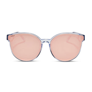 diff eyewear gemma round sunglasses with a clear crystal acetate frame and peach mirror lenses front view