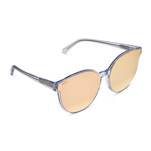 diff eyewear gemma round sunglasses with a clear crystal acetate frame and peach mirror lenses detailed view