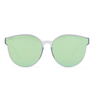 diff eyewear gemma round sunglasses with a clear crystal acetate frame and teal mirror lenses front view