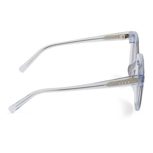 diff eyewear gemma round sunglasses with a clear crystal acetate frame and teal mirror lenses side view