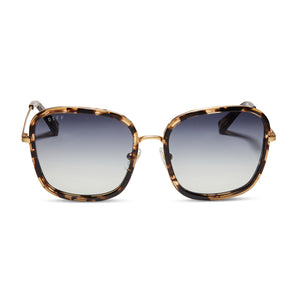 diff eyewear genevive square sunglasses with a espresso tortoise and gold frame and grey gradient lenses front view