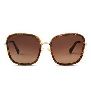 diff eyewear genevive square sunglasses with a gold and tortoise trim with brown gradient polarized lenses front view