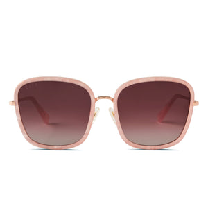 diff eyewear genevive square sunglasses with a rose gold and pink trim with wine gradient lenses front view