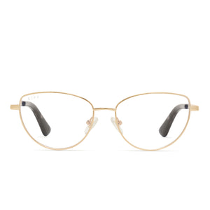 diff eyewear keri cat eye glasses with a gold frame and tortoise legs with clear lenses front view