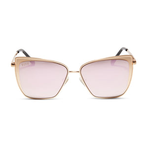 diff eyewear grace cat eye sunglasses with a brushed gold metal frame and cherry blossom pink mirror lenses front view
