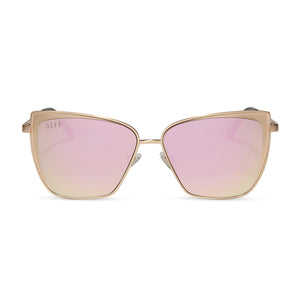 diff eyewear grace cat eye sunglasses with a brushed gold metal frame and cherry blossom pink mirror lenses front view