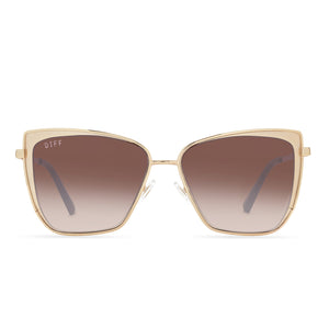 diff eyewear grace cat eye sunglasses with a gold frame and brown gradient lenses front view