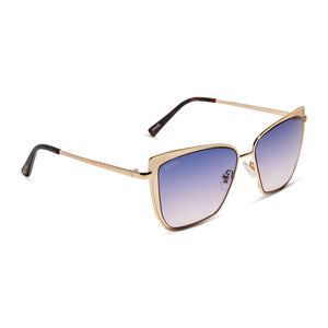 diff eyewear grace cat eye sunglasses with a gold metal frame and lavender rose gradient lenses angled view