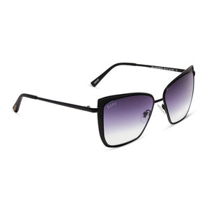 diff eyewear grace cat eye sunglasses with a matte black frame and grey gradient sharp lenses angled view