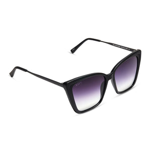 diff eyewear heidi cat eye sunglasses with a matte black frame and grey gradient sharp lenses detailed view