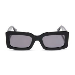 diff eyewear indy rectangular sunglasses with a black acetate frame and grey polarized lenses front view