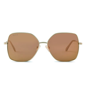 diff eyewear iris square sunglasses with a brushed gold frame and bronze mirror lenses front view