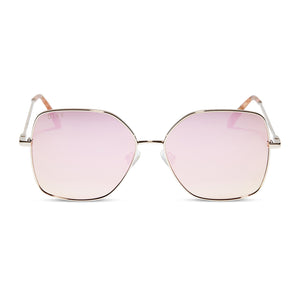 diff eyewear iris square sunglasses with a gold metal frame and cherry blossom mirror lenses front view