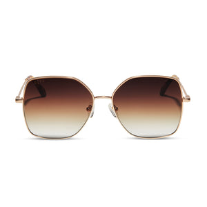 diff eyewear iris square sunglasses with a matte gold metal frame and sharp brown gradient lenses front view