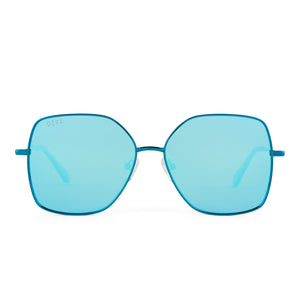 diff eyewear iris square sunglasses with a turquoise metallic metal frame and teal mirror polarized lenses front view