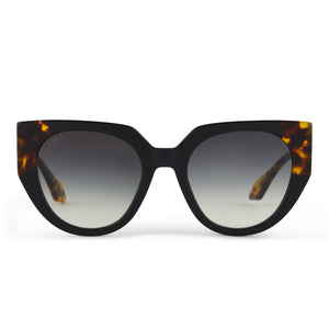 diff eyewear ivy cat eye sunglasses with a matte black acetate frame with matte amber tortoise corner laminations and grey gradient polarized lenses front view