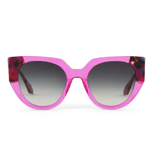 diff eyewear ivy cat eye sunglasses with a pink rush crystal acetate frame with pink rush corner laminations and grey gradient lenses front view