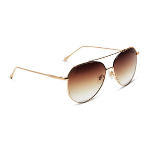 diff eyewear jane aviator sunglasses with a gold metal frame and brown gradient sharp lenses angled view