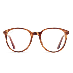 diff eyewear jeanne round glasses with a amber tortoise frame and blue light technology lenses front view