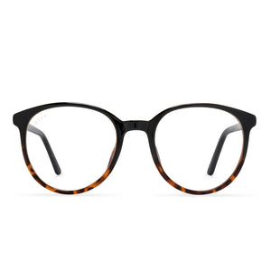 diff eyewear jeanne round glasses with a black tortoise frame and blue light technology lenses front view