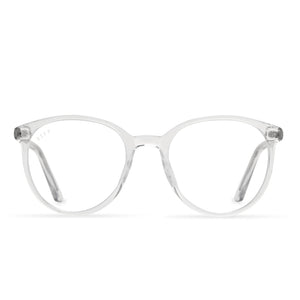 diff eyewear jeanne round glasses with a clear crystal frame and blue light technology lenses front view