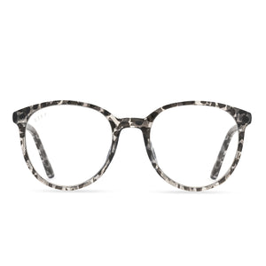 diff eyewear jeanne round glasses with a clear leopard frame and blue light technology lenses front view