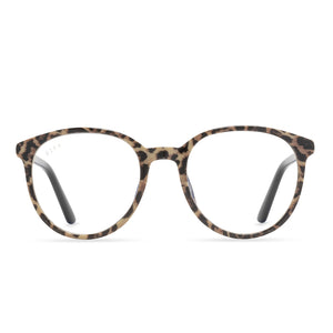 diff eyewear jeanne round glasses with a leopard tortoise frame and blue light technology lenses front view